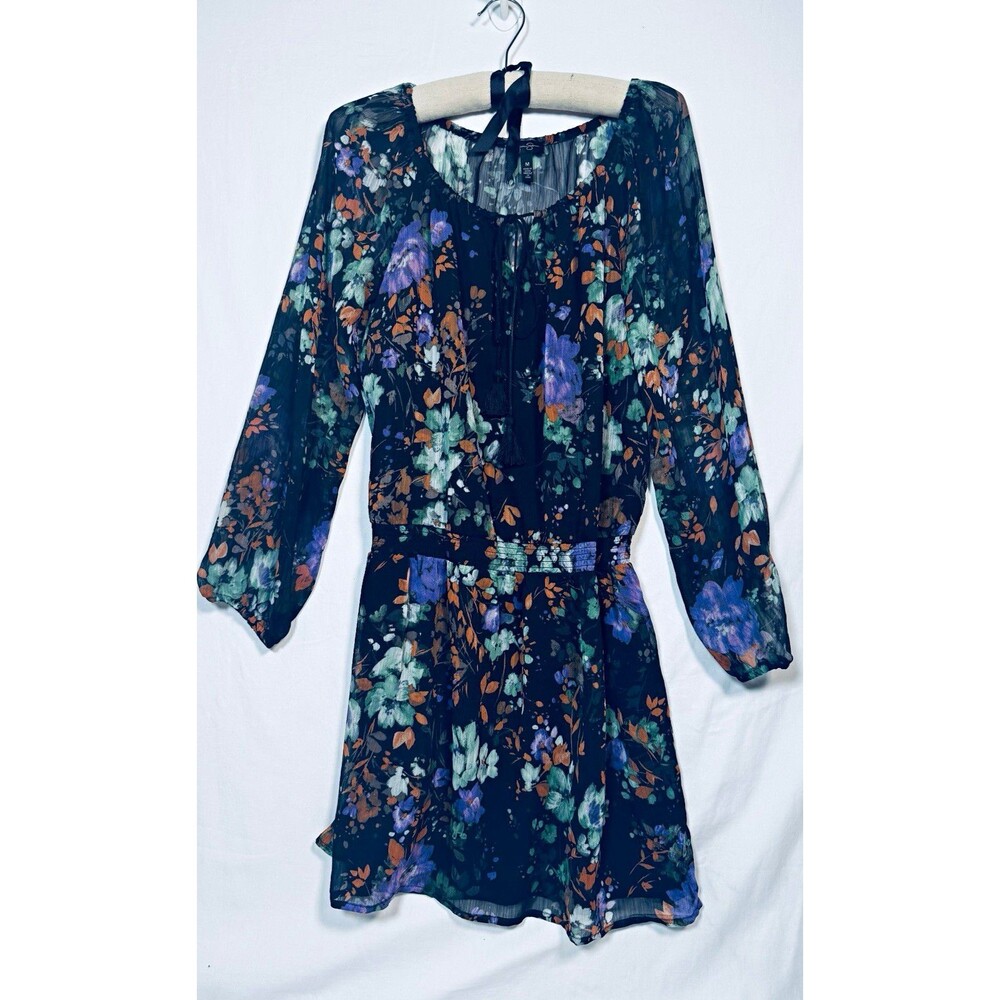 Jessica Simpson Black Floral Scoop Neck Sheer Long Sleeve Short Dress M